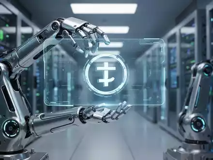 Ein futuristischer Roboterarm hält eine digitale Darstellung des Tether-Logos in einem Hightech-Labor. - Foto: über boerse-global.de