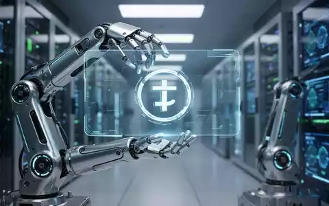 Ein futuristischer Roboterarm hält eine digitale Darstellung des Tether-Logos in einem Hightech-Labor. - Foto: über boerse-global.de