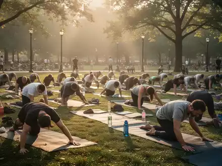 Viele Menschen praktizieren Yoga auf Matten in einem Park im Freien. Sonnenlicht fällt durch Bäume. - Foto: über boerse-global.de