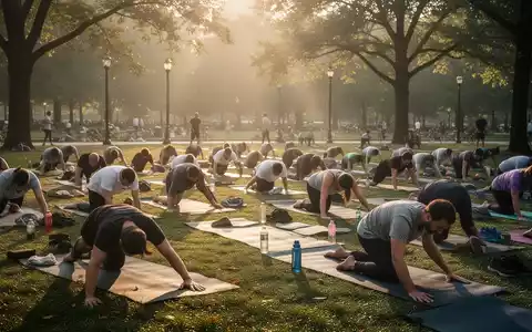 Viele Menschen praktizieren Yoga auf Matten in einem Park im Freien. Sonnenlicht fällt durch Bäume. - Foto: über boerse-global.de