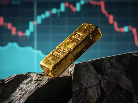 Ein Goldbarren liegt auf einer schroffen Felsformation, während ein unscharfer Finanzchart im Hintergrund einen Abwärtstrend zeigt. - Foto: über boerse-global.de