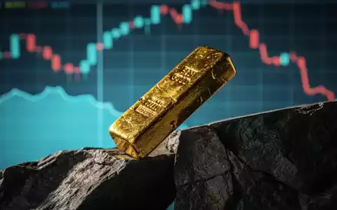 Ein Goldbarren liegt auf einer schroffen Felsformation, während ein unscharfer Finanzchart im Hintergrund einen Abwärtstrend zeigt. - Foto: über boerse-global.de