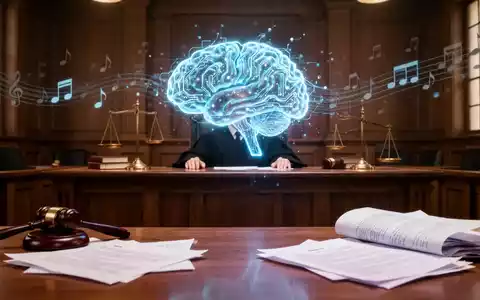 A stylized courtroom scene with a glowing AI brain over a judge's bench, legal documents, and musical notes, symbolizing AI copyright lawsuit. - Foto: über boerse-global.de