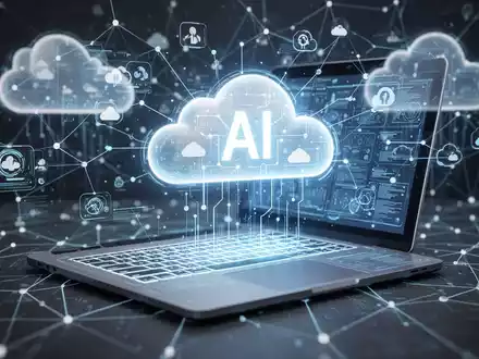 A glowing digital notebook interface over abstract cloud computing symbols, representing AI and cloud infrastructure. - Foto: über boerse-global.de