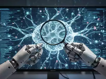 Robotic hand with a magnifying glass examining AI-generated content on a screen, symbolizing AI content labeling and regulation. - Foto: über boerse-global.de
