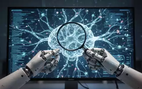Robotic hand with a magnifying glass examining AI-generated content on a screen, symbolizing AI content labeling and regulation. - Foto: über boerse-global.de
