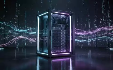 Ein futuristischer Server-Rack mit blauer und lila Beleuchtung, umgeben von abstrakten digitalen Datenströmen. - Foto: über boerse-global.de
