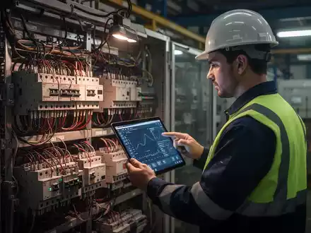 Ein Techniker prüft mit einem Tablet elektrische Anlagen in einer Industrieumgebung, während ein Warnschild im Hintergrund leuchtet. - Foto: über boerse-global.de