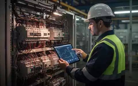 Ein Techniker prüft mit einem Tablet elektrische Anlagen in einer Industrieumgebung, während ein Warnschild im Hintergrund leuchtet. - Foto: über boerse-global.de