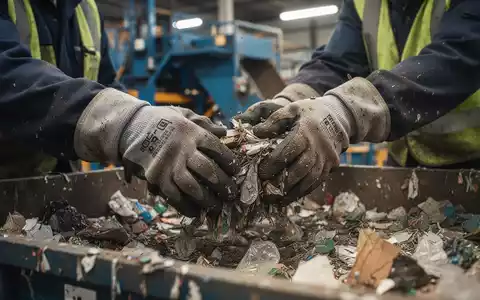 Nahaufnahme von Händen in dicken Schutzhandschuhen, die sorgfältig Abfall in einer Recyclinganlage sortieren. - Foto: über boerse-global.de