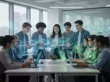 Junge Fachkräfte lernen in einem modernen Tech-Büro, nutzen holografische Displays für die Zusammenarbeit. - Foto: über boerse-global.de