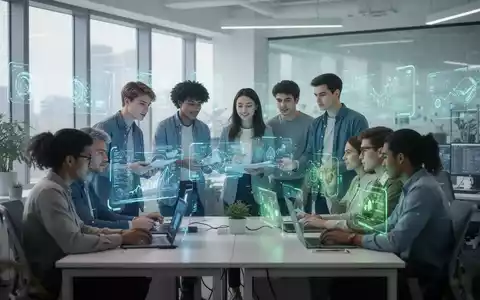 Junge Fachkräfte lernen in einem modernen Tech-Büro, nutzen holografische Displays für die Zusammenarbeit. - Foto: über boerse-global.de