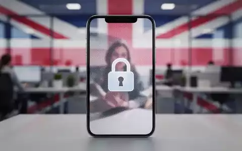 Ein Smartphone-Bildschirm zeigt einen Filter über einem Bild und ein Vorhängeschloss-Symbol, im Hintergrund ein britisches Büro. - Foto: über boerse-global.de