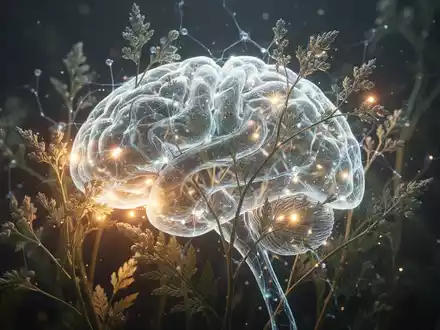 Eine stilisierte Darstellung eines Gehirns, das mit leuchtenden Pflanzenranken und Blättern verwoben ist, symbolisiert Naturmedizin und Neurologie. - Foto: über boerse-global.de