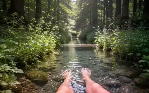 Ein natürliches Kneipp-Becken umgeben von üppiger Waldvegetation und Wildkräutern, mit Sonnenlicht, das durch die Baumkronen fällt. - Foto: über boerse-global.de