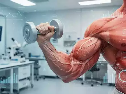 Nahaufnahme eines muskulösen Arms beim Hanteltraining in einem modernen Labor, das die Bedeutung von Muskelkraft und Myokinen symbolisiert. - Foto: über boerse-global.de