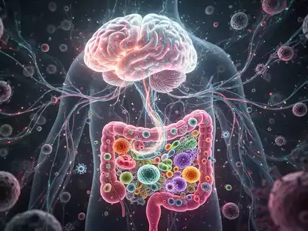 Abstrakte Darstellung der Darm-Hirn-Achse mit leuchtendem Gehirn, neuronalen Pfaden und komplexem Darmmikrobiom. - Foto: über boerse-global.de