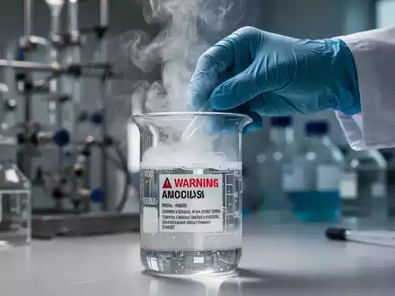 Eine Nahaufnahme einer behandschuhten Hand, die vorsichtig ein Becherglas mit einer fächelnden Flüssigkeit in einem Labor handhabt. - Foto: über boerse-global.de