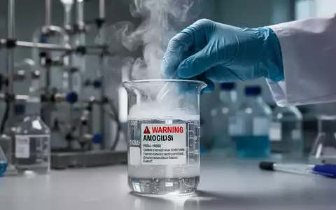 Eine Nahaufnahme einer behandschuhten Hand, die vorsichtig ein Becherglas mit einer fächelnden Flüssigkeit in einem Labor handhabt. - Foto: über boerse-global.de
