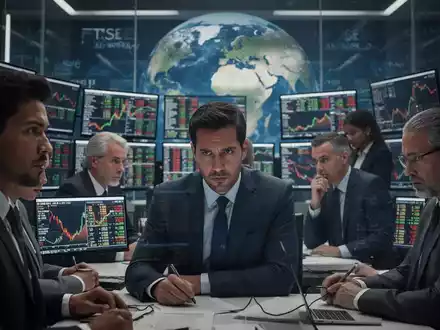 Finanzexperten in einem Handelsraum, die globale Marktdaten nach einem Zinsschock analysieren, mit einem Weltglobus im Hintergrund. - Foto: über boerse-global.de