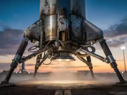 Ein detailliertes Nahaufnahme eines gelandeten Raketenboosters mit Gebrauchsspuren vor einem dramatischen Dämmerungshimmel. - Foto: über boerse-global.de