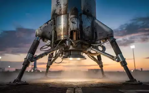 Ein detailliertes Nahaufnahme eines gelandeten Raketenboosters mit Gebrauchsspuren vor einem dramatischen Dämmerungshimmel. - Foto: über boerse-global.de