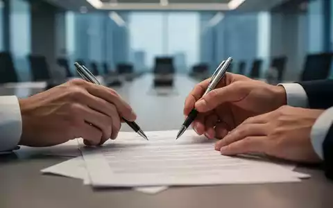 Hände halten einen Stift über einem Dokument, das Gesetzestexte symbolisiert, in einem modernen Konferenzraum. - Foto: über boerse-global.de