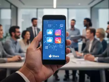 Eine Hand hält ein Smartphone mit Social-Media-Symbolen. Im unscharfen Hintergrund sind Menschen in einem modernen Büro zu sehen. - Foto: über boerse-global.de