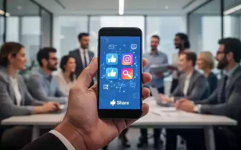 Eine Hand hält ein Smartphone mit Social-Media-Symbolen. Im unscharfen Hintergrund sind Menschen in einem modernen Büro zu sehen. - Foto: über boerse-global.de