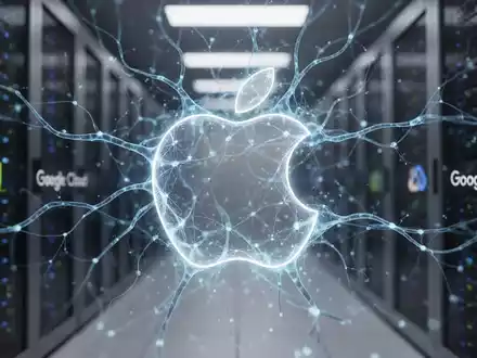 A glowing Apple logo seamlessly integrating with abstract neural network patterns, set against a backdrop of a data center. - Foto: über boerse-global.de