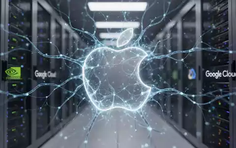A glowing Apple logo seamlessly integrating with abstract neural network patterns, set against a backdrop of a data center. - Foto: über boerse-global.de