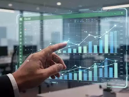 A hand interacts with a holographic Excel spreadsheet showing charts and data, in a modern office environment. - Foto: über boerse-global.de