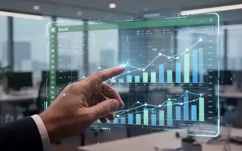 A hand interacts with a holographic Excel spreadsheet showing charts and data, in a modern office environment. - Foto: über boerse-global.de