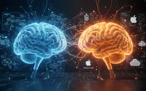 Two glowing digital brains, one blue for Microsoft Copilot and one orange for Google Gemini, connected by data lines. - Foto: über boerse-global.de