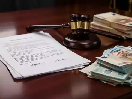 Ein verschwommenes Bild von Gerichtsdokumenten, einem Richterhammer und Stapeln von Euro-Banknoten auf einem dunklen Holztisch. - Foto: über boerse-global.de