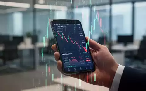 Nahaufnahme einer Hand, die ein Smartphone mit einer Börsen-App hält, die fallende Aktien anzeigt, in einem Büroumfeld. - Foto: über boerse-global.de