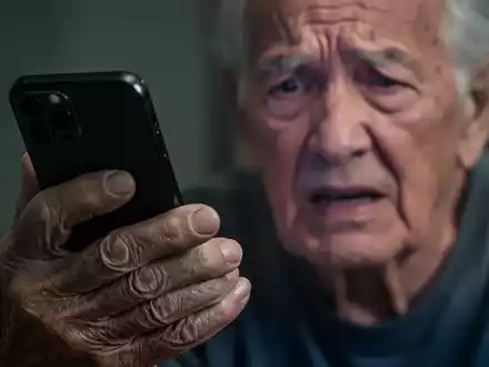 Eine Nahaufnahme der Hand einer älteren Person, die ein Telefon hält, mit einem verschwommenen, besorgten Gesichtsausdruck im Hintergrund. - Foto: über boerse-global.de