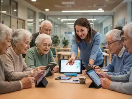 Eine Gruppe von Senioren und anderen Erwachsenen lernt in einem modernen Gemeinschaftszentrum den Umgang mit Smartphones und Tablets. - Foto: über boerse-global.de
