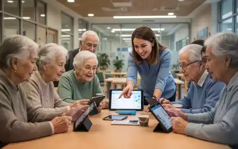Eine Gruppe von Senioren und anderen Erwachsenen lernt in einem modernen Gemeinschaftszentrum den Umgang mit Smartphones und Tablets. - Foto: über boerse-global.de