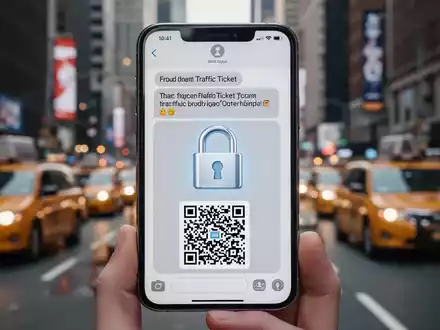 A smartphone screen shows a scam text message about a traffic ticket with a QR code, symbolizing digital fraud. - Foto: über boerse-global.de