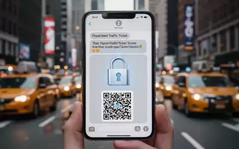 A smartphone screen shows a scam text message about a traffic ticket with a QR code, symbolizing digital fraud. - Foto: über boerse-global.de
