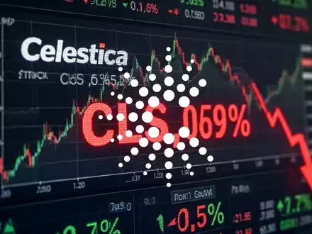 Celestica Aktie (CLS) auf einem digitalen Börsenbildschirm mit rotem, fallendem Kurswert und einem absteigenden Finanzdiagramm im Hintergrund. - Foto: über boerse-global.de