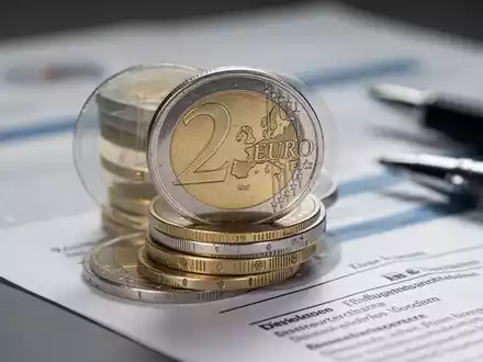 Ein Stapel deutscher Euro-Münzen mit unscharfem Hintergrund, der Dokumente und einen Stift zeigt, symbolisiert Rentendebatte. - Foto: über boerse-global.de