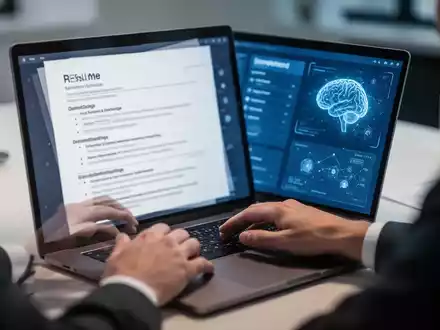 Hände tippen auf einem Laptop, auf dessen Bildschirm ein Lebenslauf und eine KI-Oberfläche zu sehen sind. - Foto: über boerse-global.de