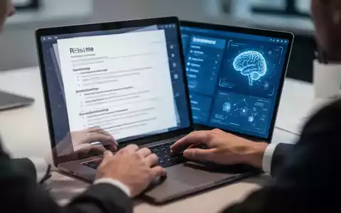 Hände tippen auf einem Laptop, auf dessen Bildschirm ein Lebenslauf und eine KI-Oberfläche zu sehen sind. - Foto: über boerse-global.de