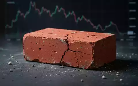 Ein einzelner, leicht beschädigter roter Ziegelstein auf dunklem Untergrund, im Hintergrund ein unscharfer, fallender Finanzchart. - Foto: über boerse-global.de