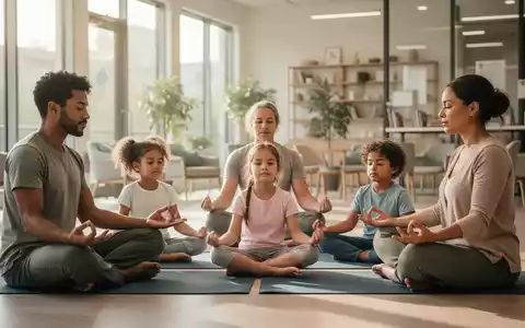 Eine Familie (Eltern und Kinder) übt gemeinsam Achtsamkeit oder Yoga in einem hellen, modernen Raum, der Ruhe ausstrahlt. - Foto: über boerse-global.de
