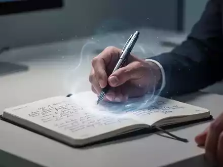 Eine Hand hält einen Stift über ein Notizbuch, das Selbstzweifel und das Imposter-Phänomen thematisiert. - Foto: über boerse-global.de