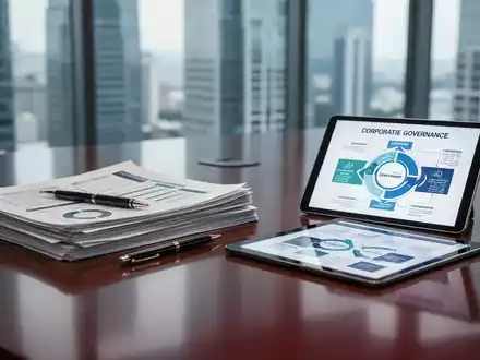 Ein eleganter Konferenztisch mit Finanzberichten und einem Tablet, das ein Governance-Diagramm zeigt, mit unscharfer Skyline im Hintergrund. - Foto: über boerse-global.de