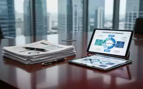 Ein eleganter Konferenztisch mit Finanzberichten und einem Tablet, das ein Governance-Diagramm zeigt, mit unscharfer Skyline im Hintergrund. - Foto: über boerse-global.de
